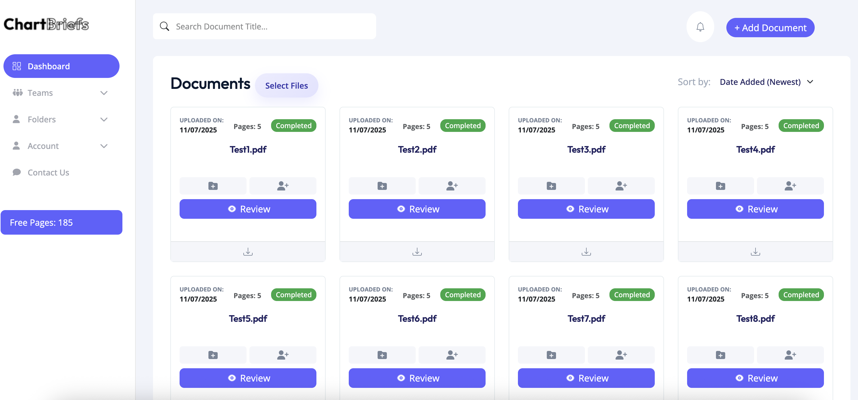 ChartBriefs document dashboard with searchable processed files