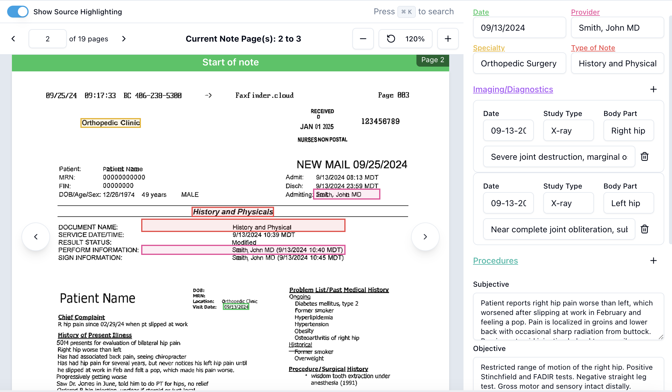 ChartBriefs medical record review screen with source highlighting