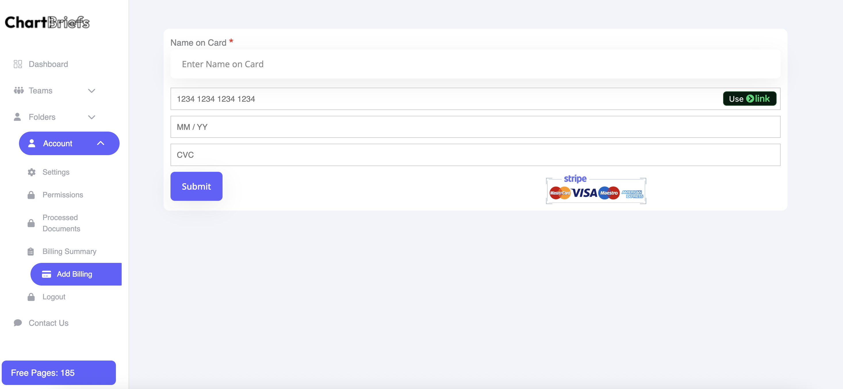 ChartBriefs Stripe billing form for adding payment details