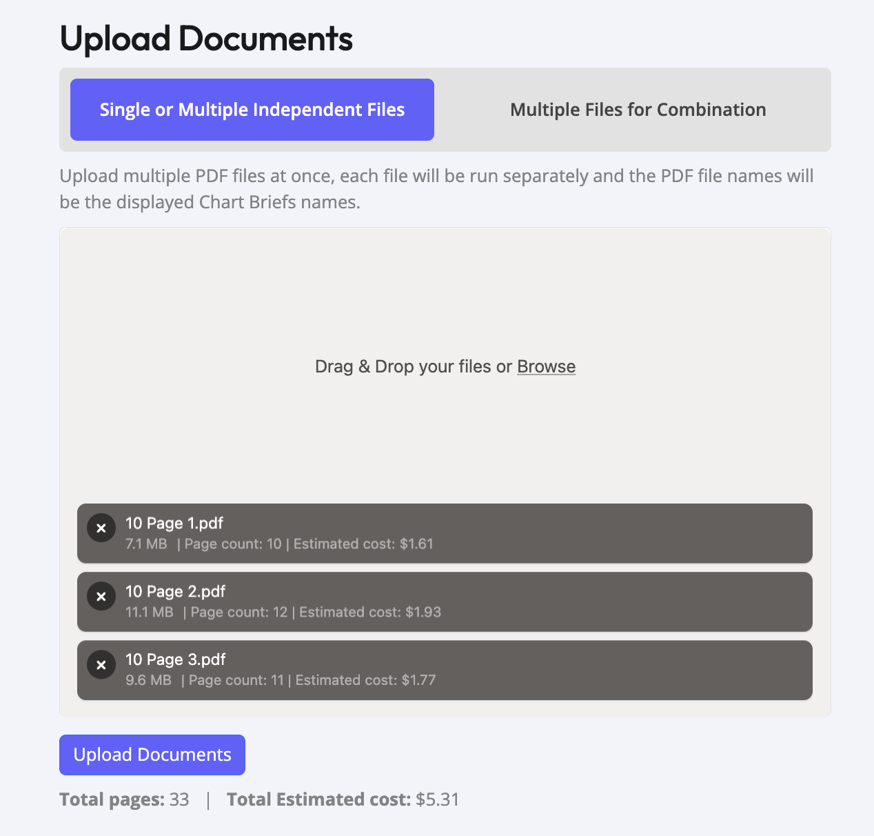 ChartBriefs upload documents workflow